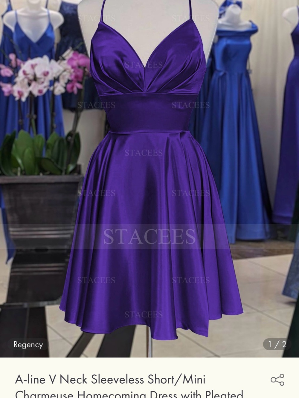 Stacees Purple Spaghetti-Strap Satin Mini Dress